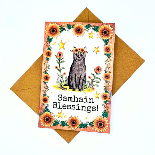 Samhain Witchy Cat Blank Greeting Card