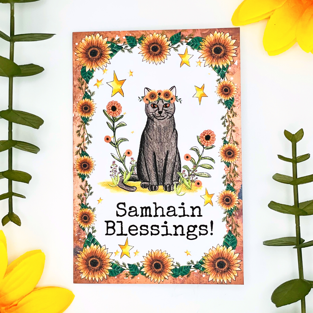 Samhain Witchy Cat Blank Greeting Card