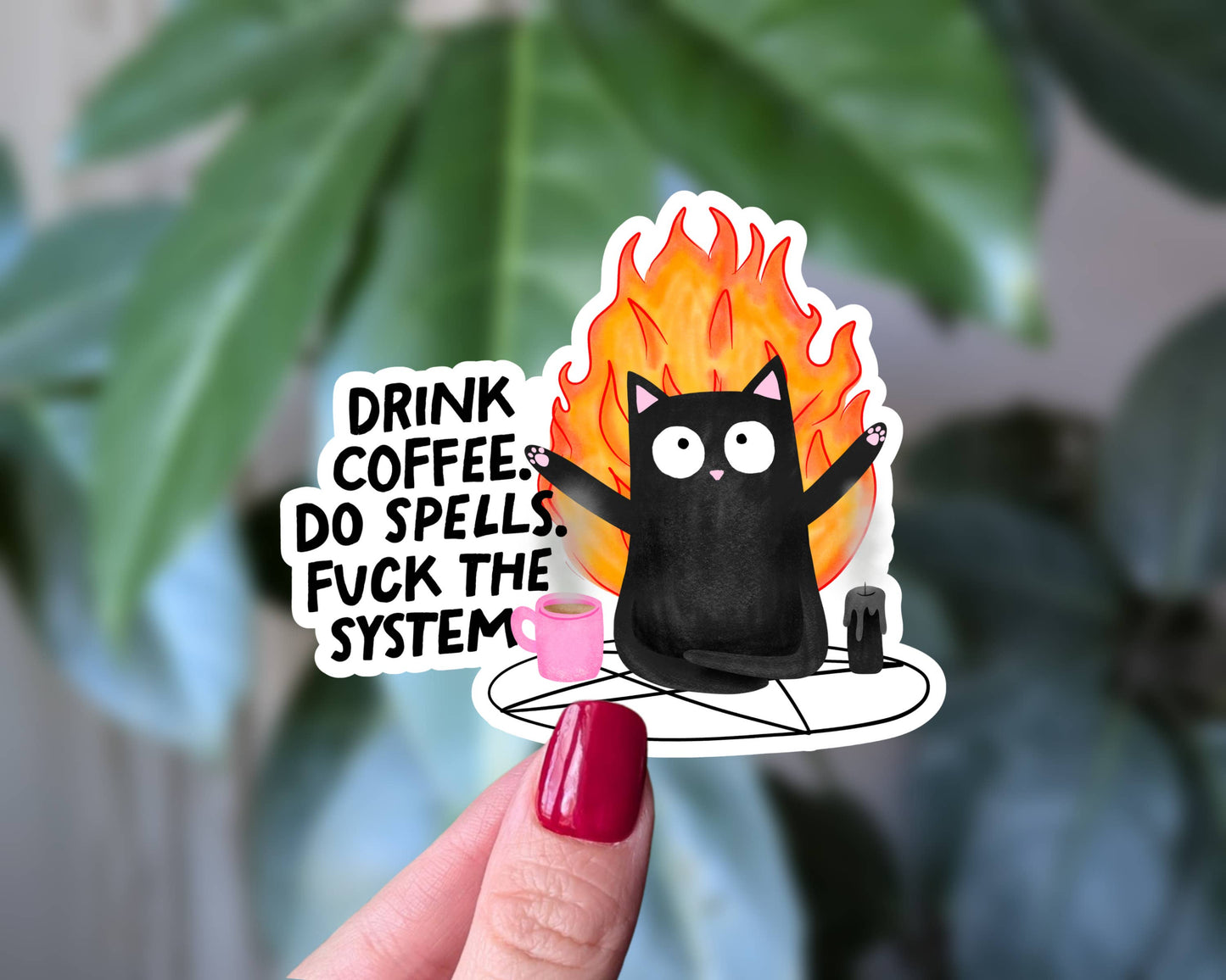 Rebellious Witch Cat Sticker, Coffee, Spells & Chaos