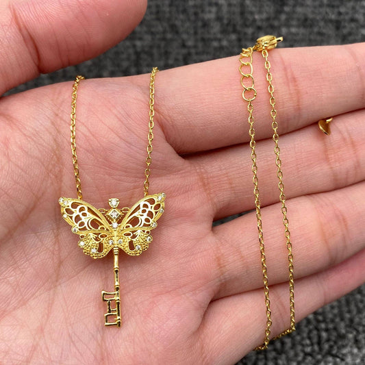 Hollow Butterfly Key Gold Plated Necklace