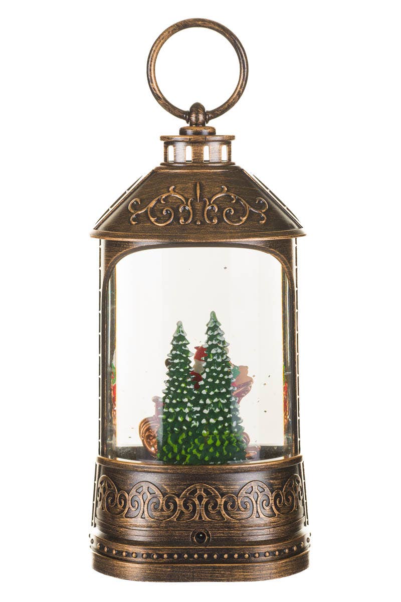 Bronze Led Lantern Snow Globe W/ Waving Santa In Sleigh