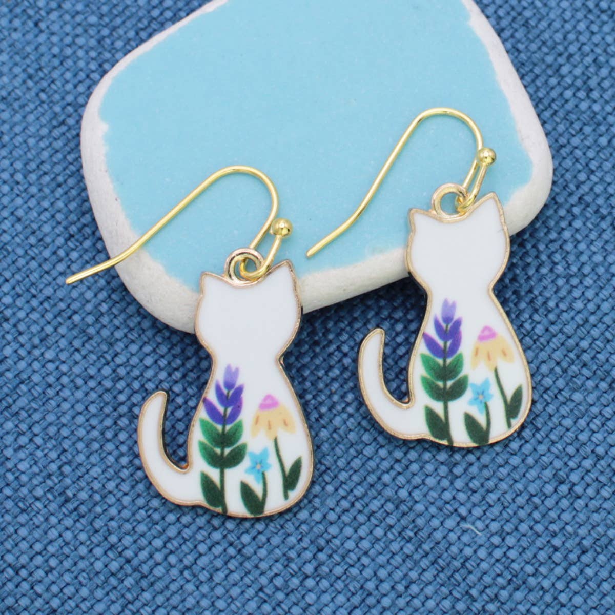 Floral Feline White Cat Earrings