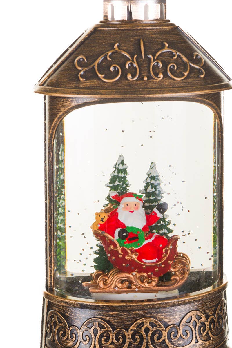 Bronze Led Lantern Snow Globe W/ Waving Santa In Sleigh