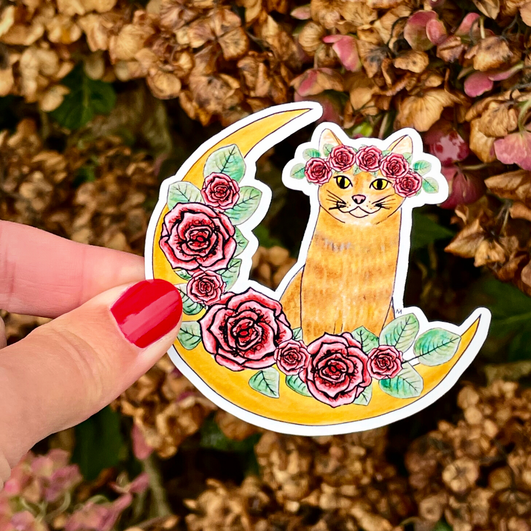 Witchy Cat Botanical Moon Glossy Sticker