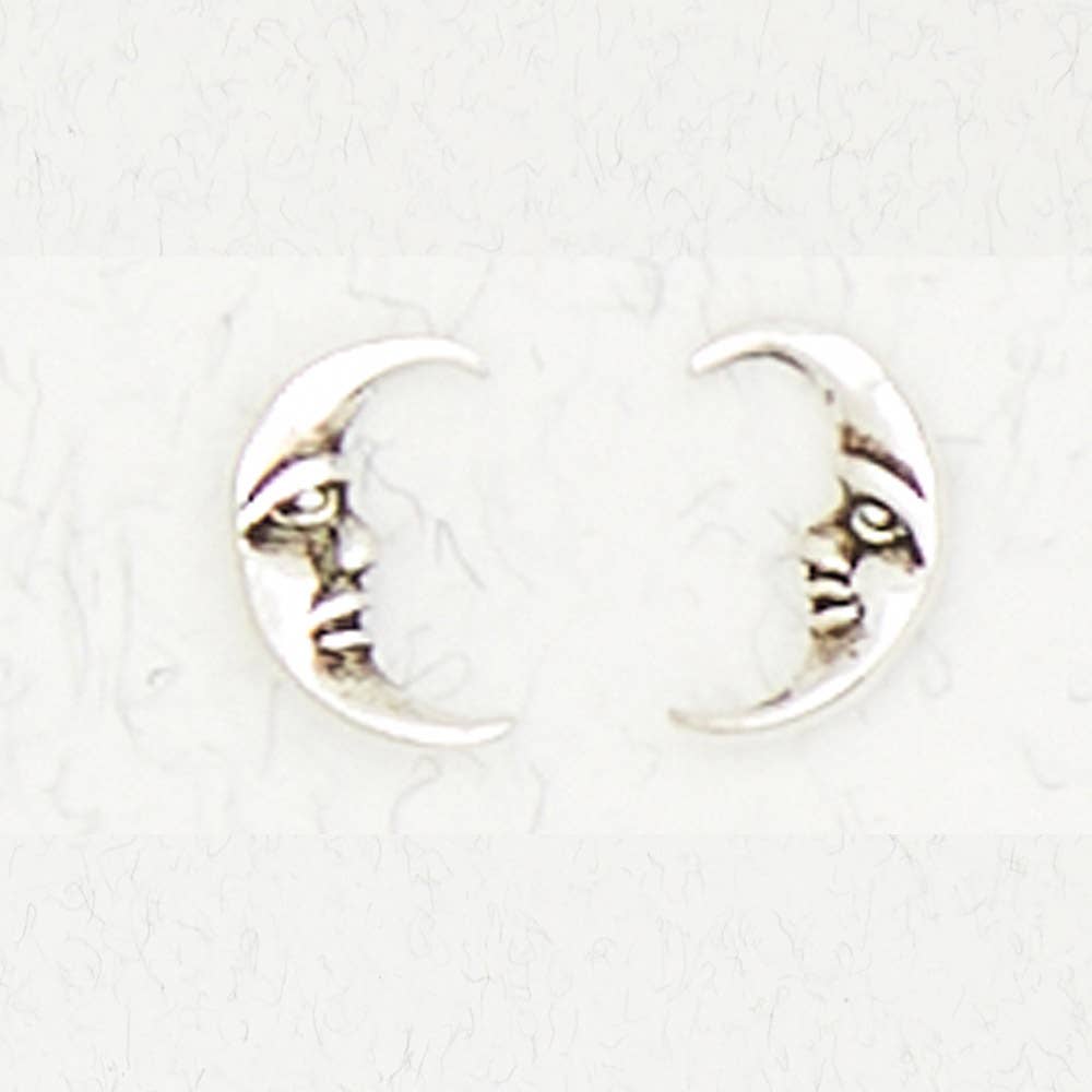 Sterling Silver Crescent Moon w/ Face Stud Earrings