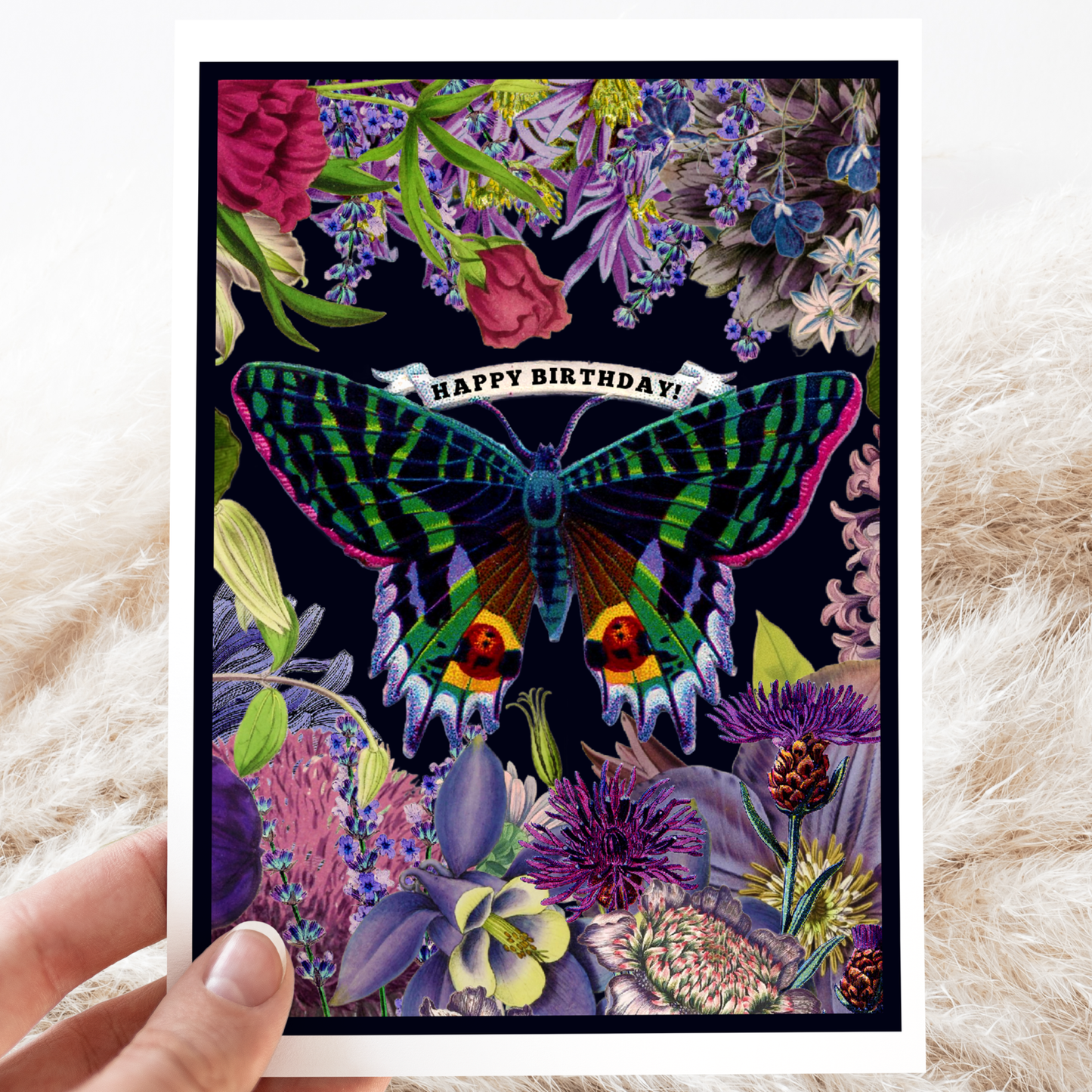 Birthday Card. Vintage Butterfly. Purple Flowers. Floral.