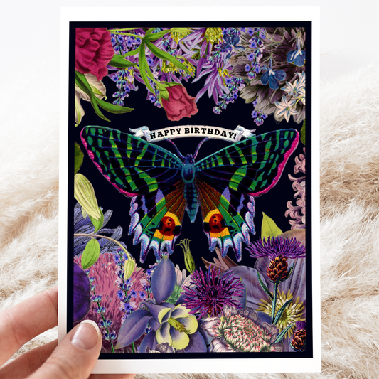 Birthday Card. Vintage Butterfly. Purple Flowers. Floral.