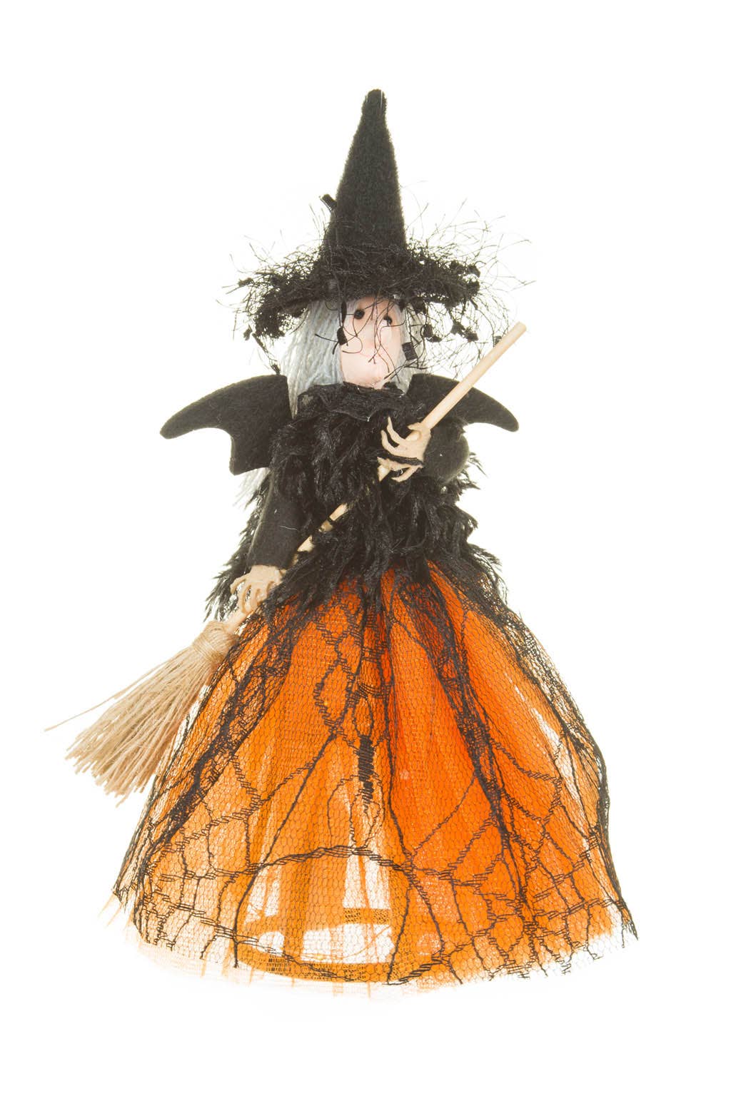Orange/Black Bony Grinning Witch with Bat Wings