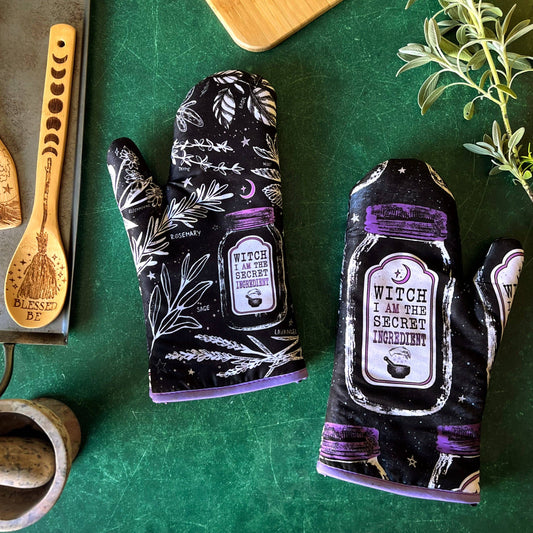 Kitchen Witch Oven Mitt Set - Purple Black and White