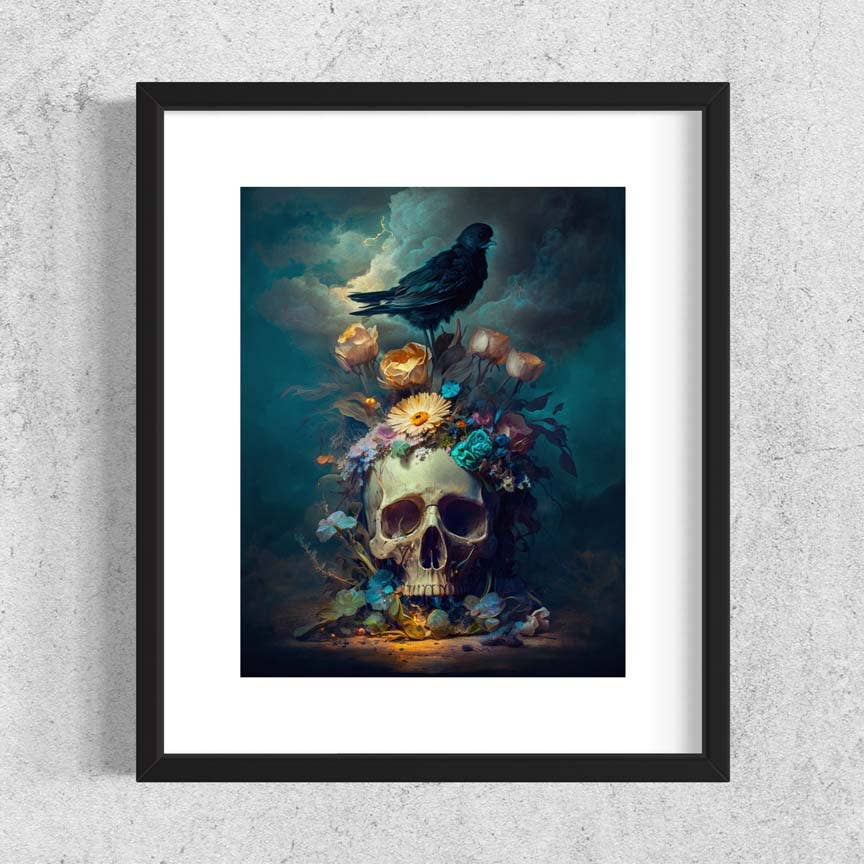 Skull With Flowers and Raven Art Print - 8x10