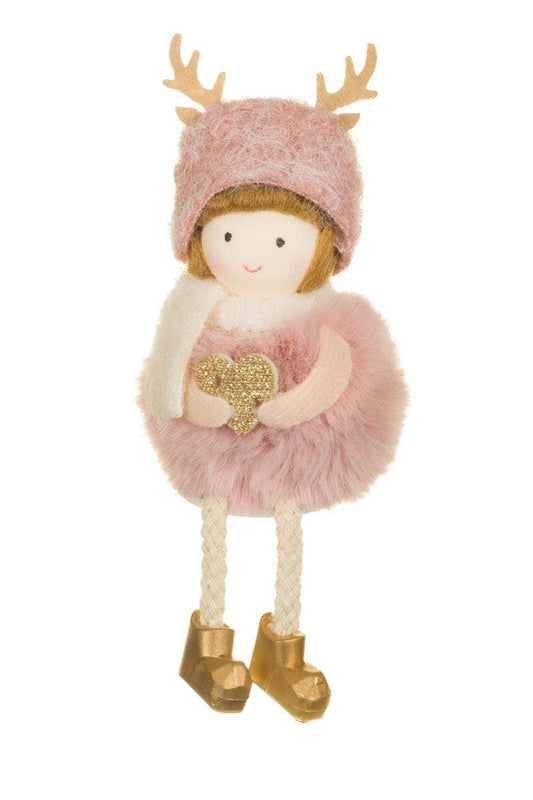 Pink Sitting Fluffy Girl Doll With Reindeer Hat