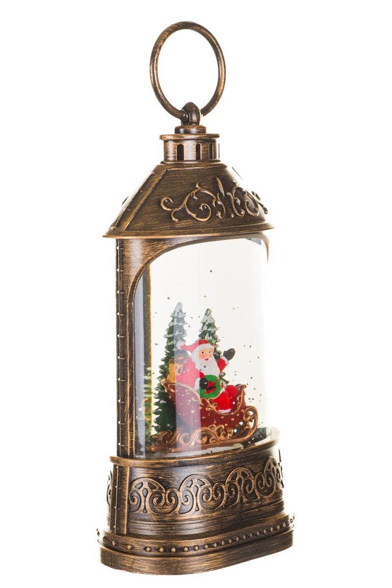 Bronze Led Lantern Snow Globe W/ Waving Santa In Sleigh