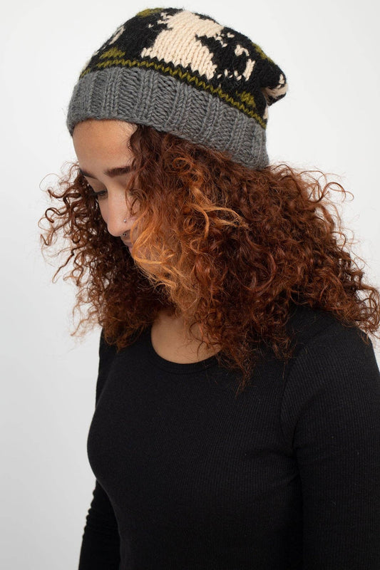 Slouchy Cat Hand-Knit Beanie Hat: Grey