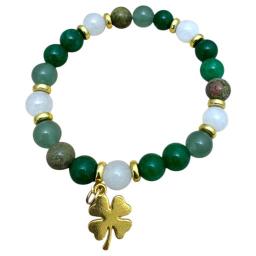 Prosperity: Green Jade, Unakite, Green Aventurine & Ganqing with Clover Charm 8mm