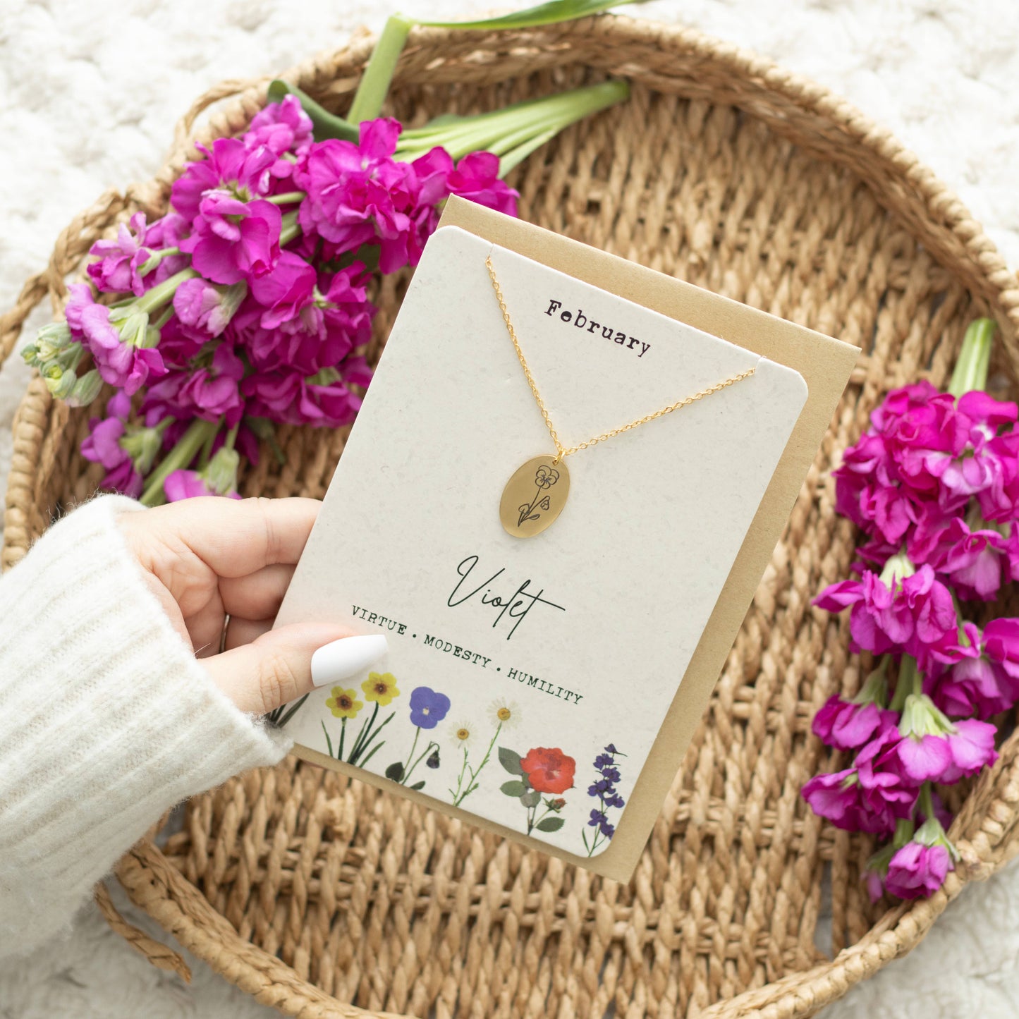 February Violet Birth Flower Necklace on Greeting Card