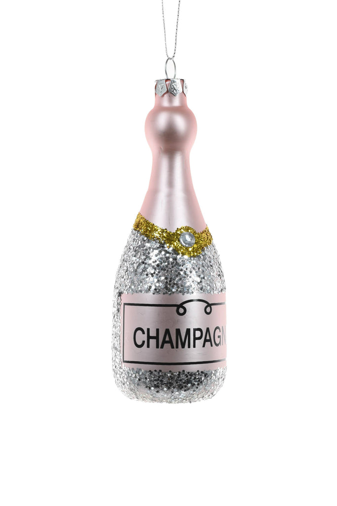 Pink Hanging Glittered Champagne Bottle Ornament
