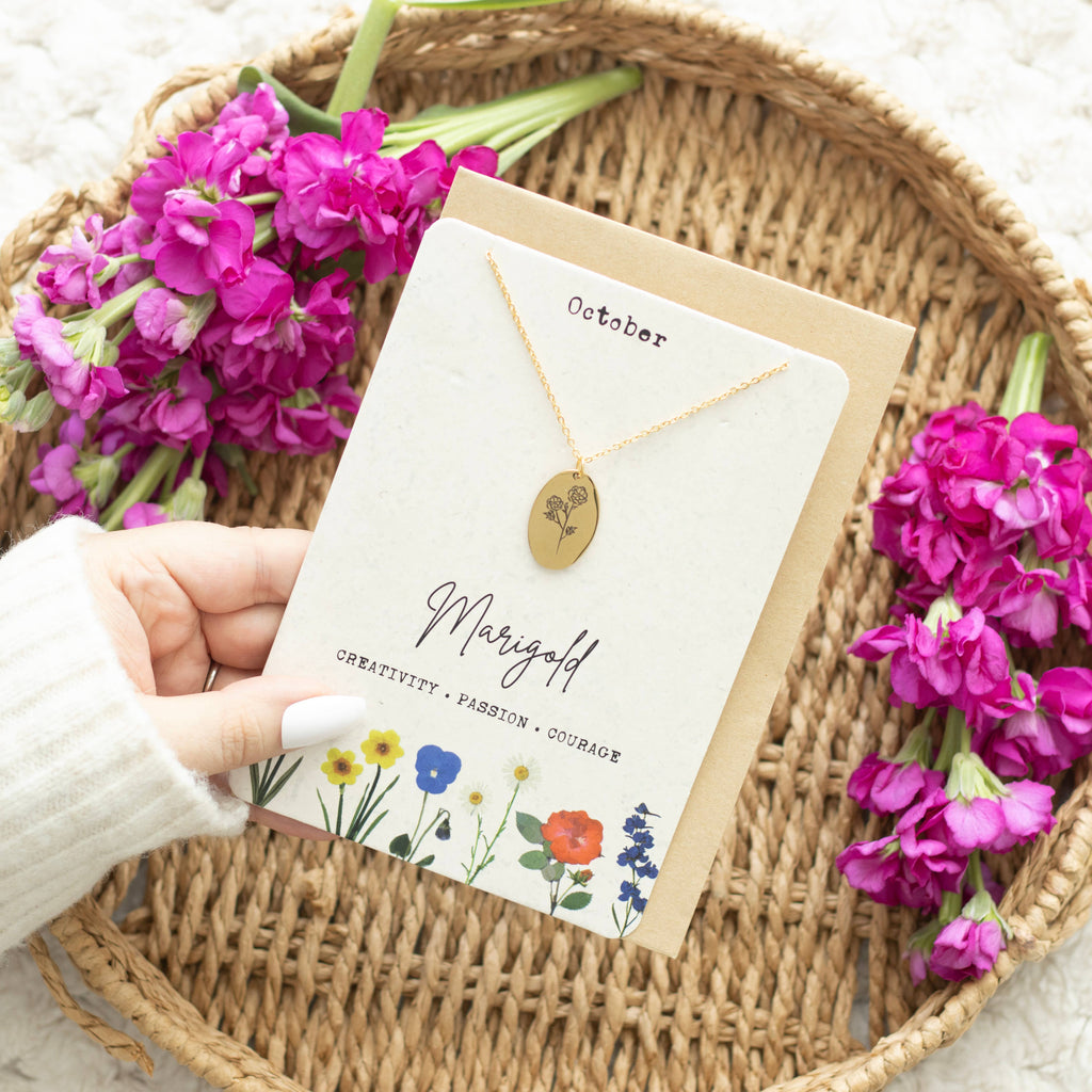 October Marigold Birth Flower Necklace on Greeting Card