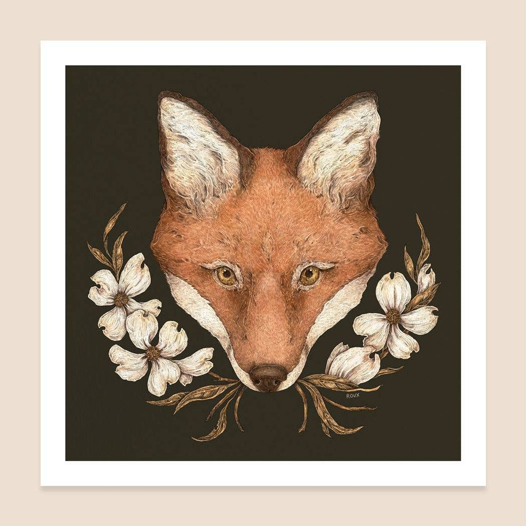 Fox and Dogwoods Print: 8” x 8”
