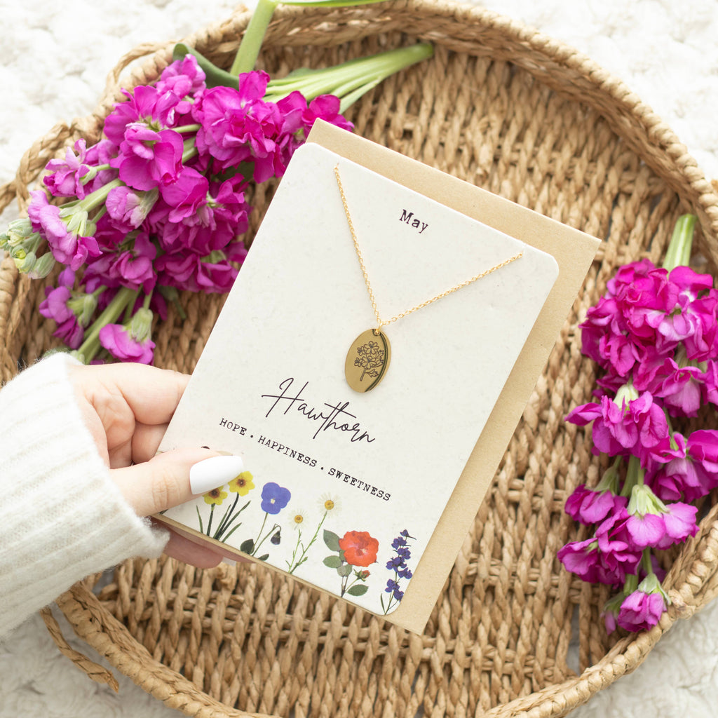 May Hawthorn Birth Flower Necklace on Greeting Card