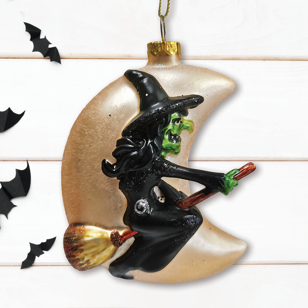 Wicked Witch and Crescent Moon Glass Christmas/Halloween Ornament