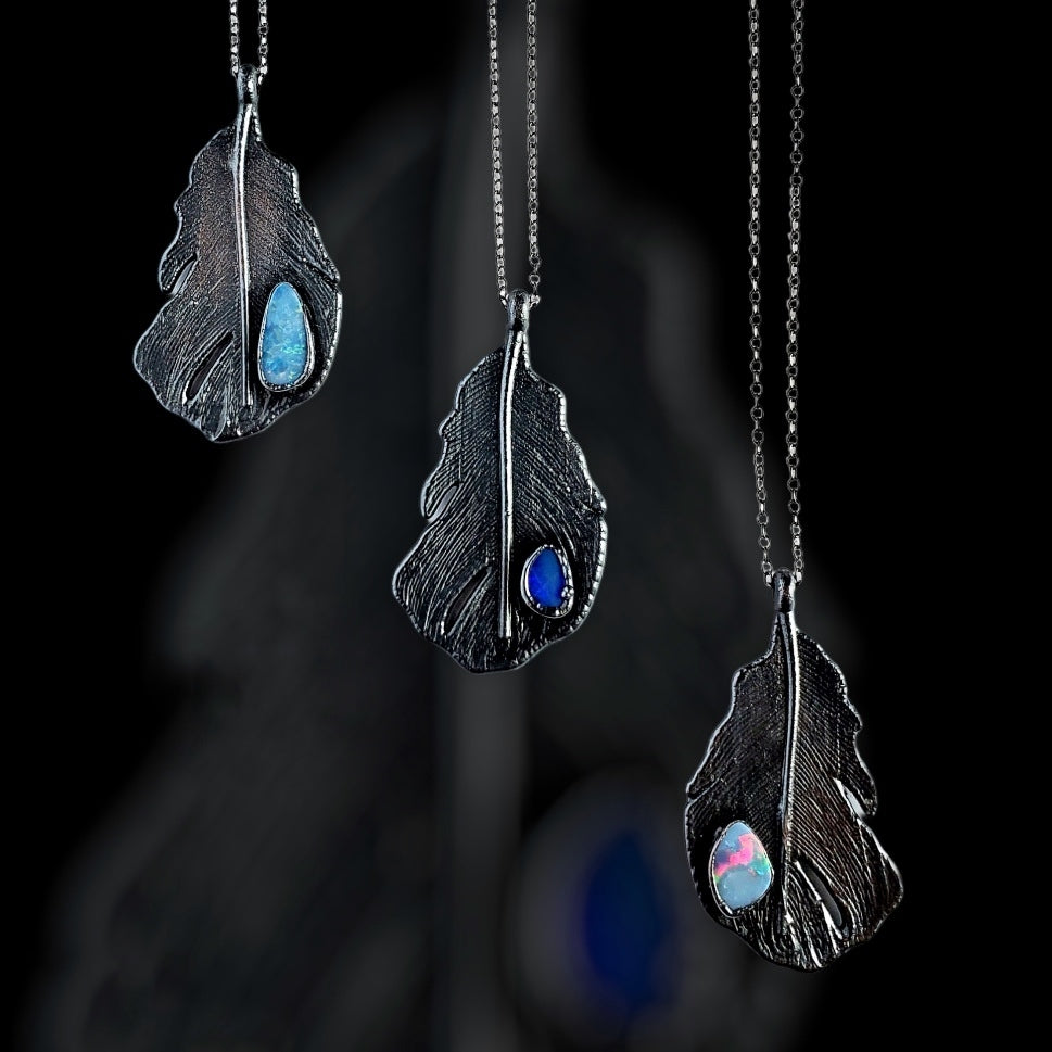 Blackened Crow Feather Opal Necklace