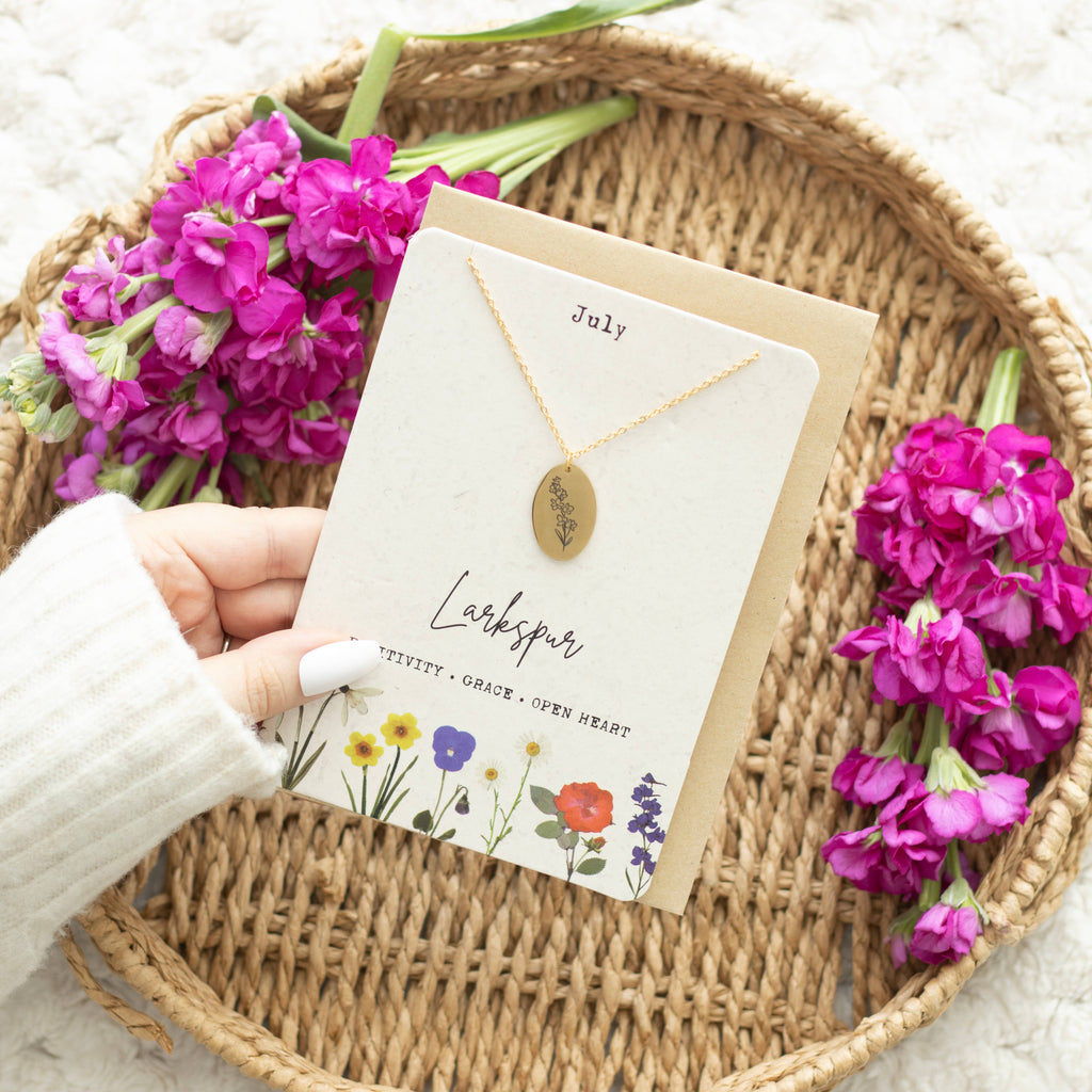 July Larkspur Birth Flower Necklace on Greeting Card