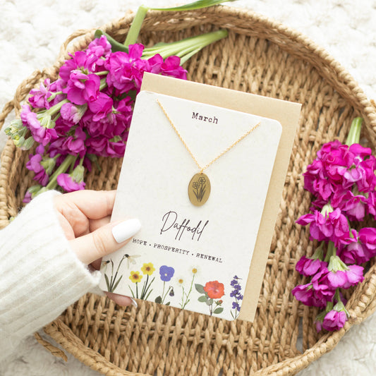 March Daffodil Birth Flower Necklace on Greeting Card